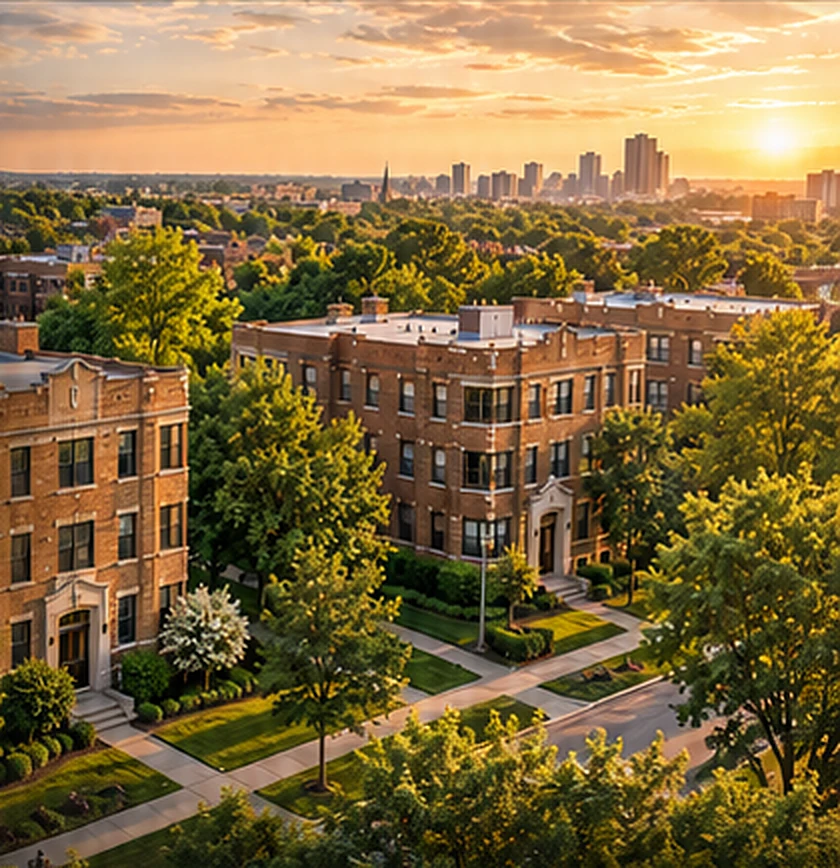 Illustrative image of brick apartment buildings and a city skyline at sunset. Not a MURE property.